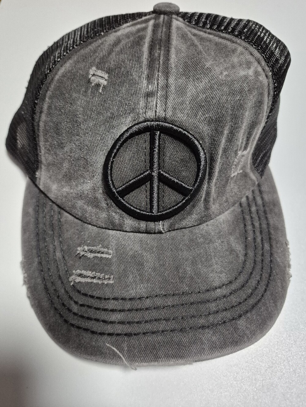 Womens Distressed Black Peace Sign Crisscross Baseball Hat